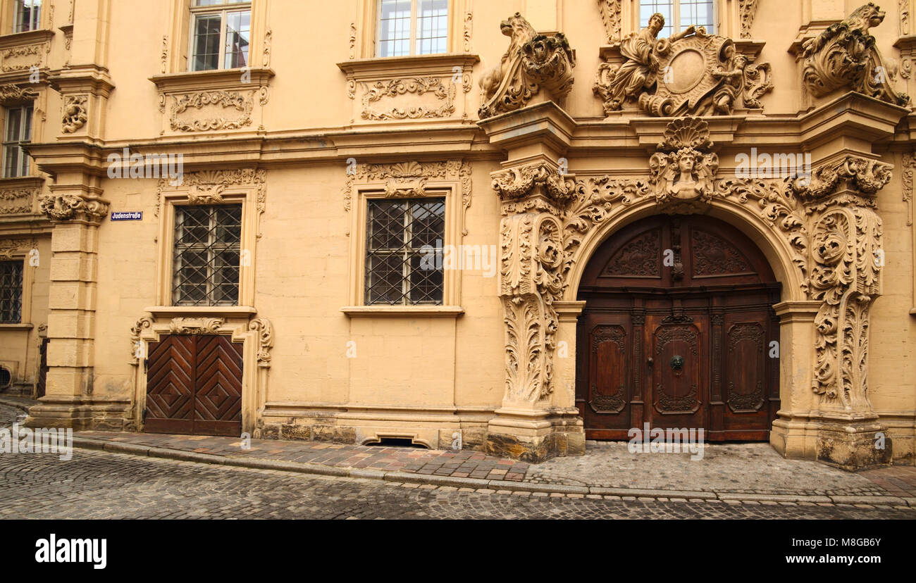 Historische Gebäude namens Boettingerhaus. Es ist, als Denkmalschutz und in der Judenstrasse in Bamberg. Stockfoto