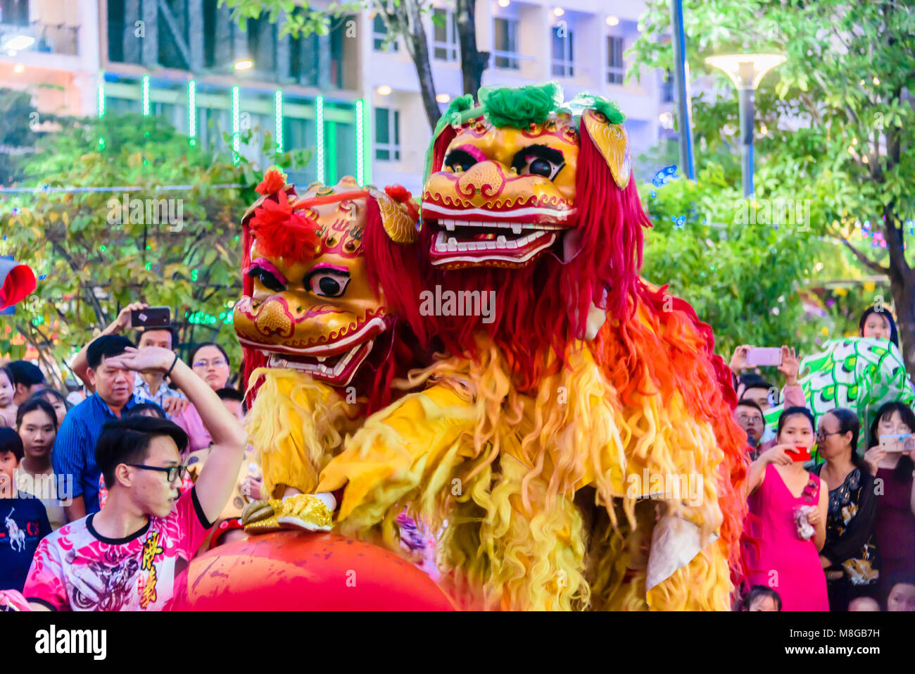 Chinesischer Drache Straßenkünstler die Masse während chinesische Mondjahr Feiern, Ho Chi Minh City, Saigon, Vietnam unterhalten Stockfoto