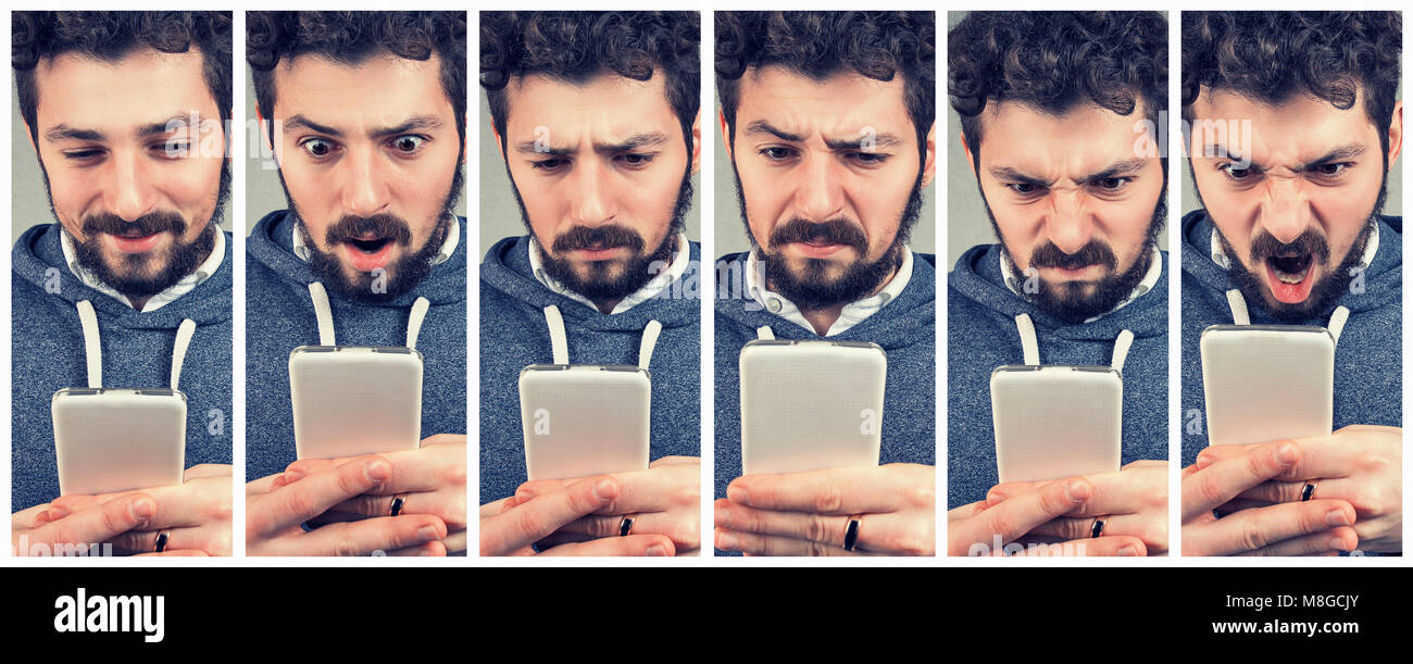 Collage der expressiven jungen Mann mit einem Smartphone Stockfoto