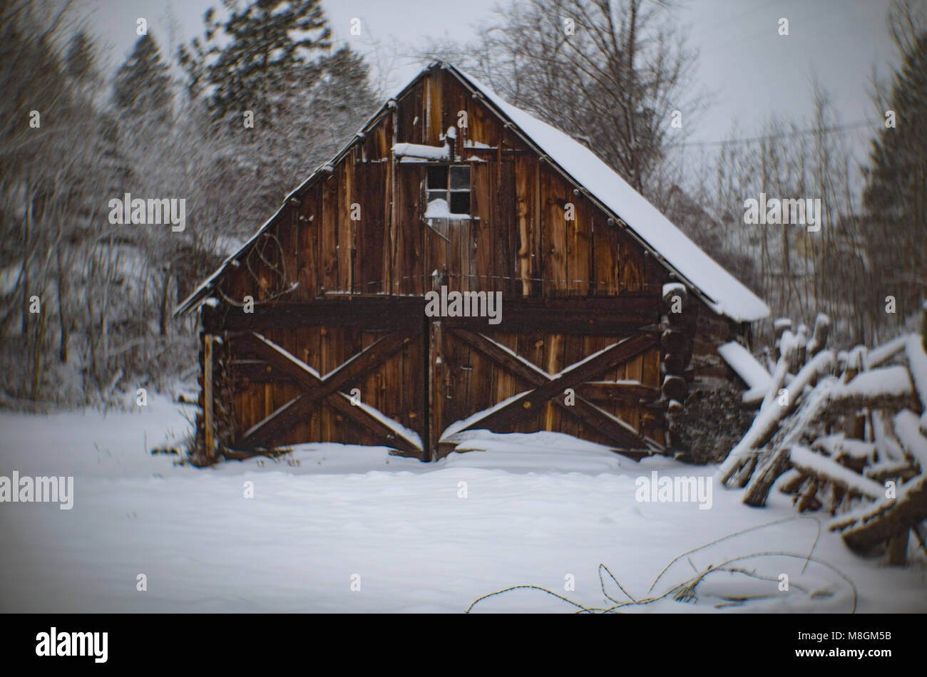 Schnee bedeckte hölzerne Giebel Scheune Knowels, Montana. Dieses Bild war Schuß Witz Stockfoto