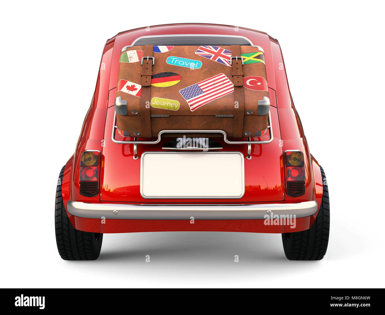 Die kleinen roten Auto mit Koffer auf Gepäckträger, Urlaub Reise auf weißem Hintergrund 3D Rendering isoliert Stockfoto