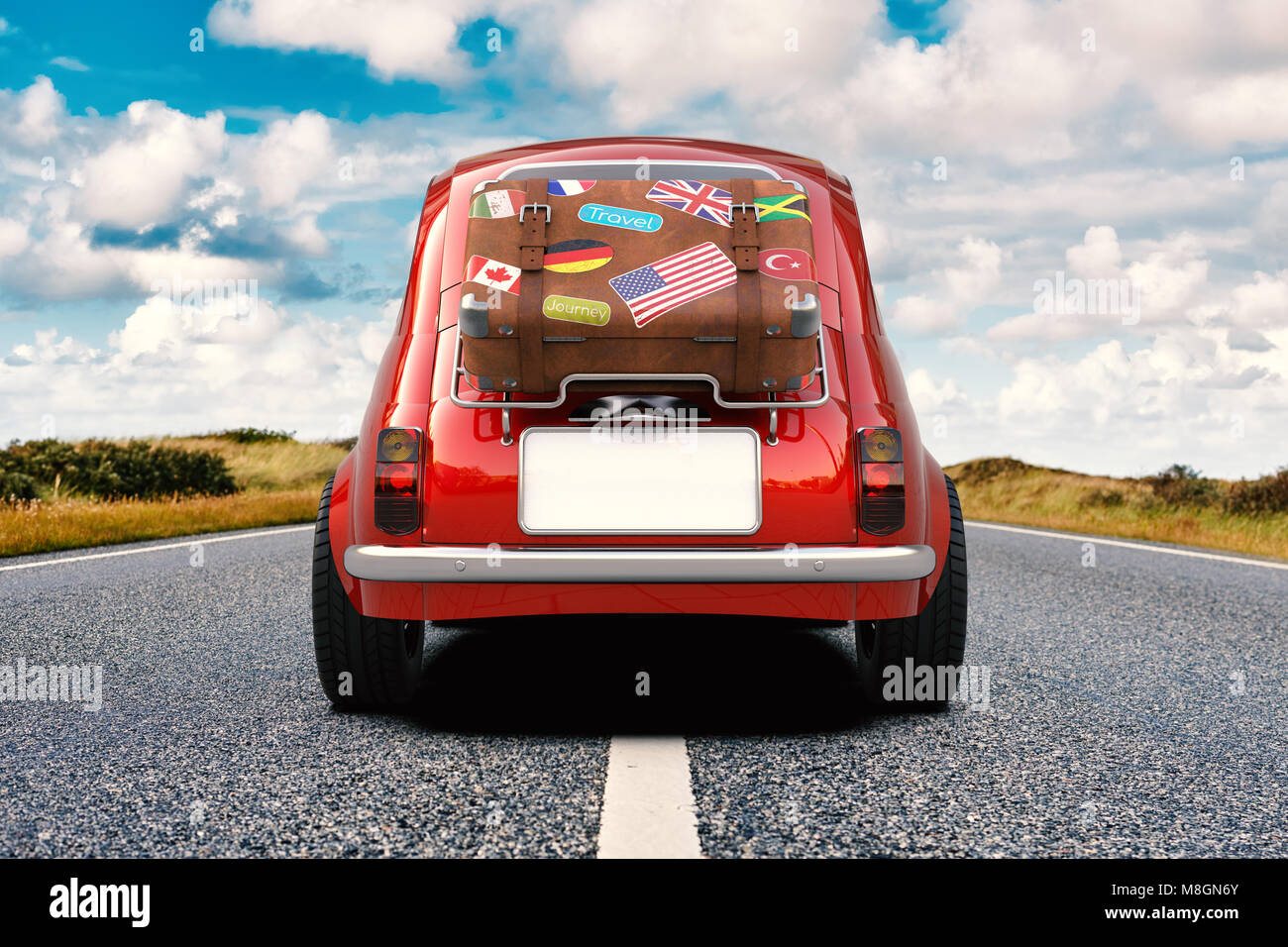 Die kleinen roten Auto mit Koffer auf Gepäckträger, Urlaub Reise