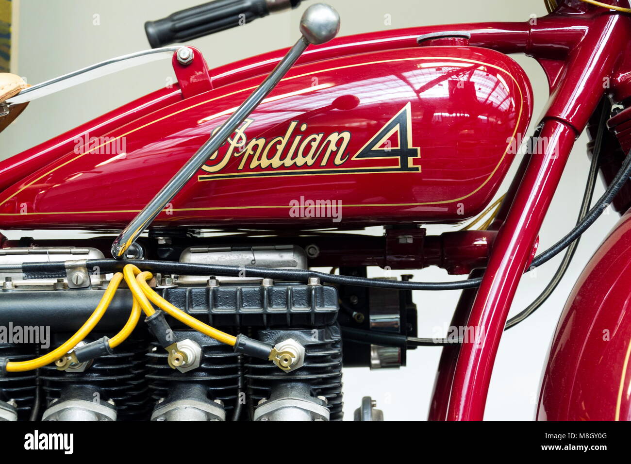 Prag, tschechische Republik - 8. MÄRZ 2018: American Motorcycle indischen Vier aus dem Jahr 1931 steht am 8. März 2018 in Prag, Tschechische Republik. Stockfoto