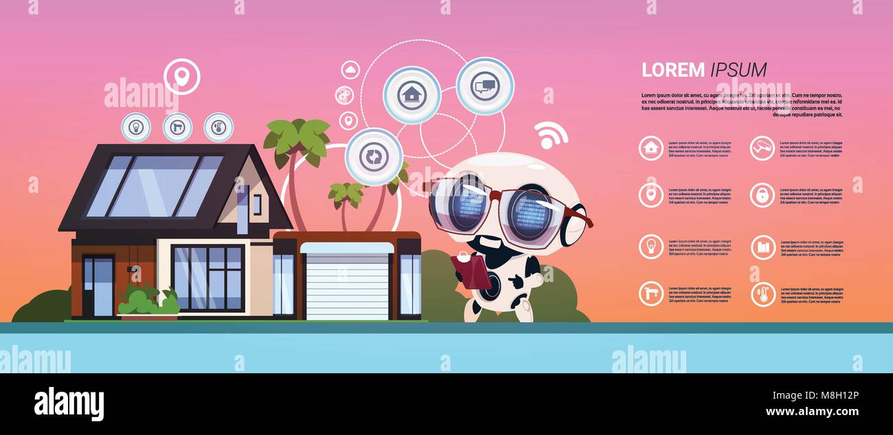 Smart Home Control und Autimation Technik Roboter Infografik Banner, moderne Home Administration System Stock Vektor