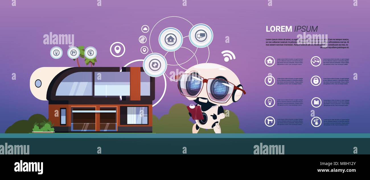 Smart Home Control und Autimation System Roboter über Infografik Banner, modernen Haus-Technik Stock Vektor