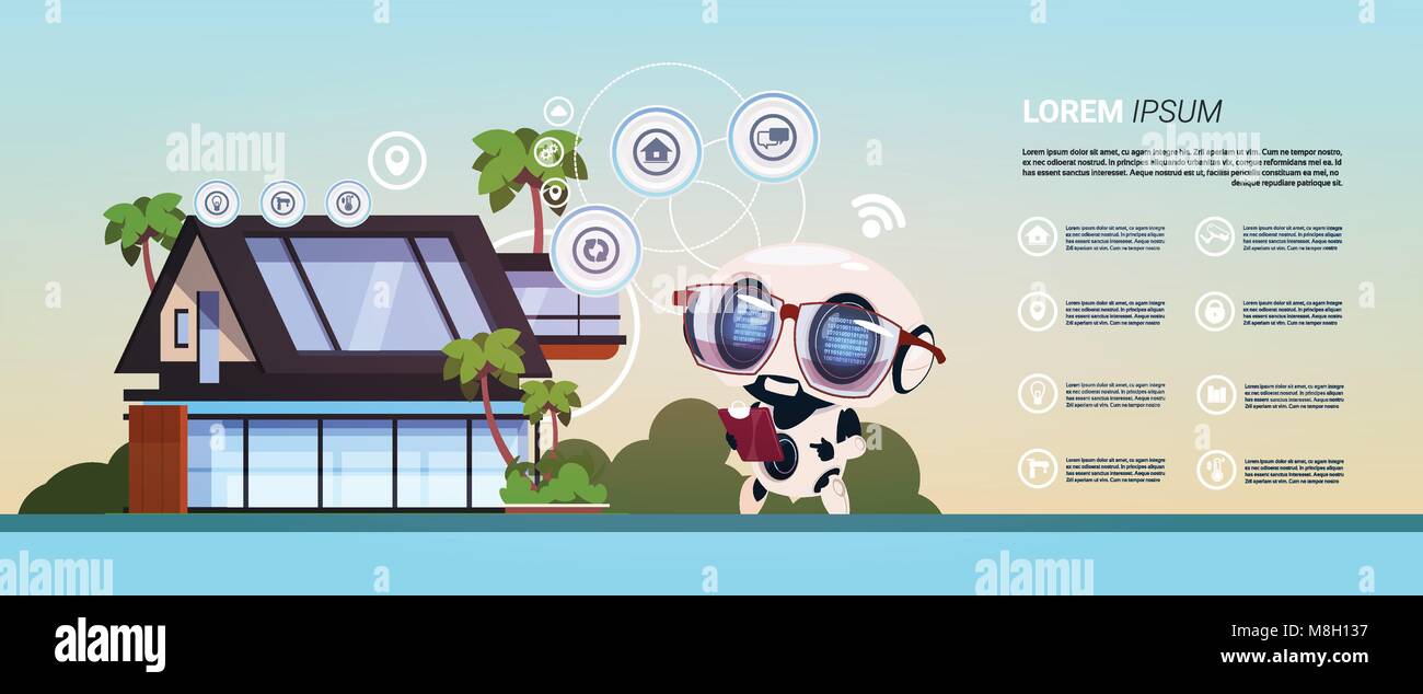 Smart Home Control und Autimation Technik Roboter Infografik Banner, moderne Home Administration System Stock Vektor