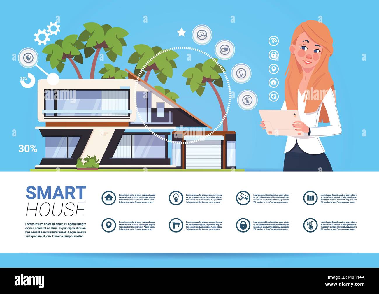 Smart Home Management Konzept mit Frau mit Tablet Device Stock Vektor