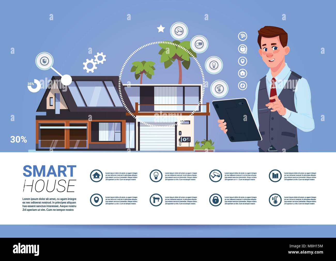 Smart Home Automation und Steuerungstechnik Konzept mit Mann hält Digital Tablet Stock Vektor