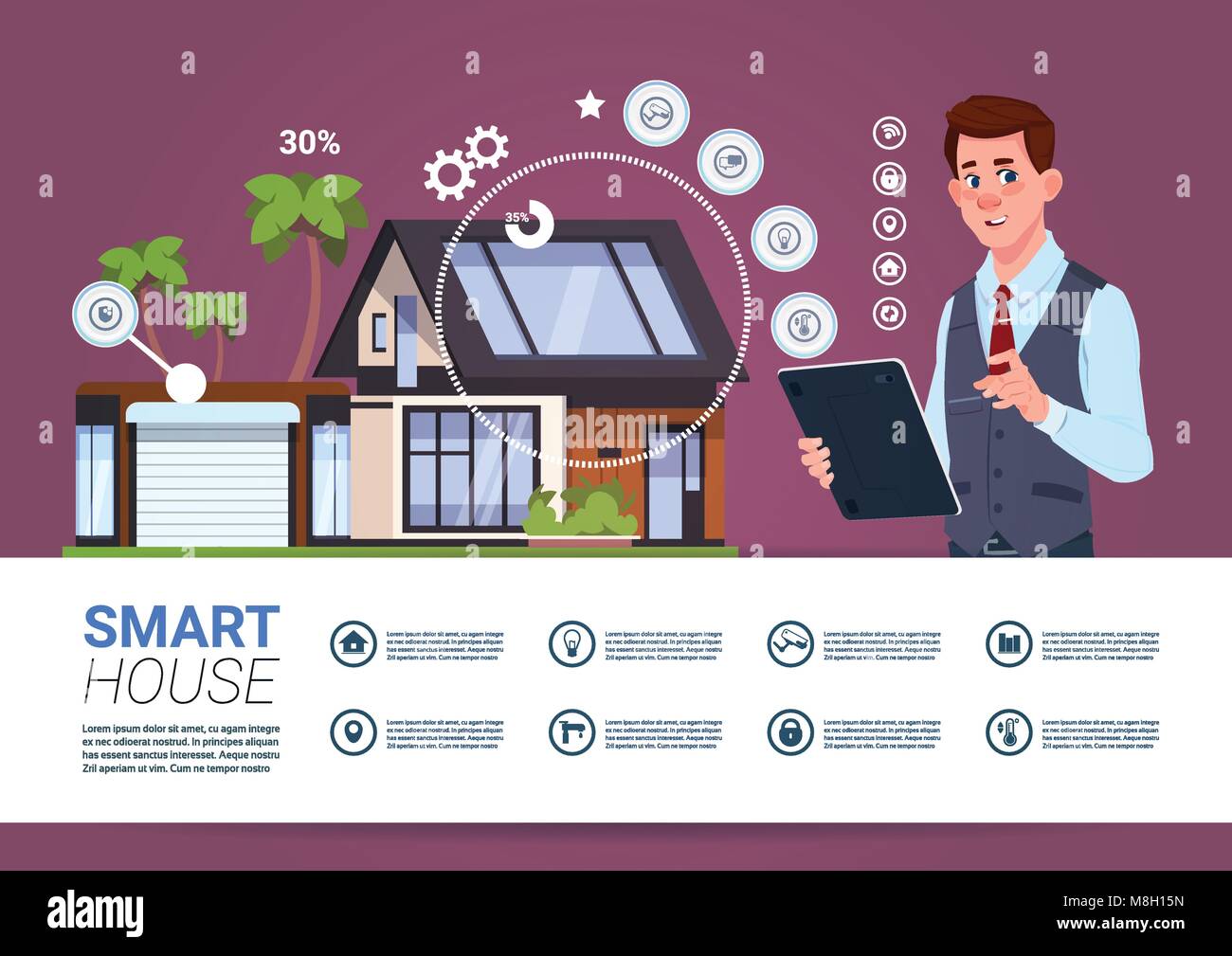 Smart Home Management Konzept mit Mann hält Tablet Device Stock Vektor