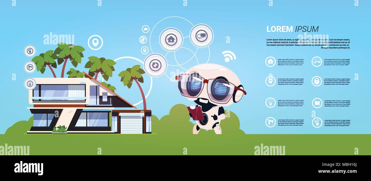 Smart Home Verwaltung Technik Roboter Infografik Banner, moderne Home System der Kontrolle Stock Vektor