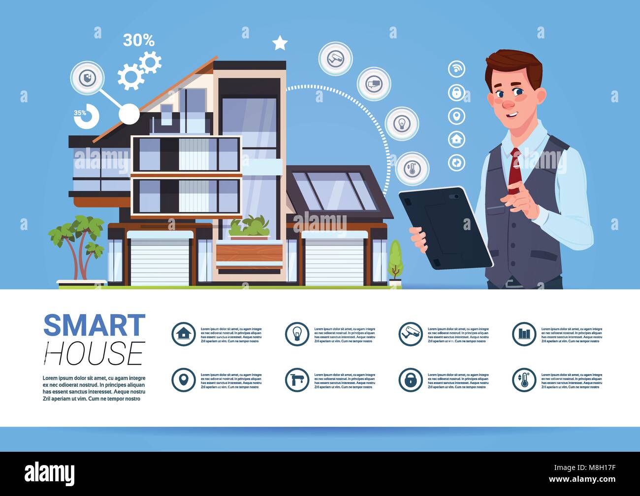 Smart Home Management Konzept mit Mann hält Tablet Device Stock Vektor