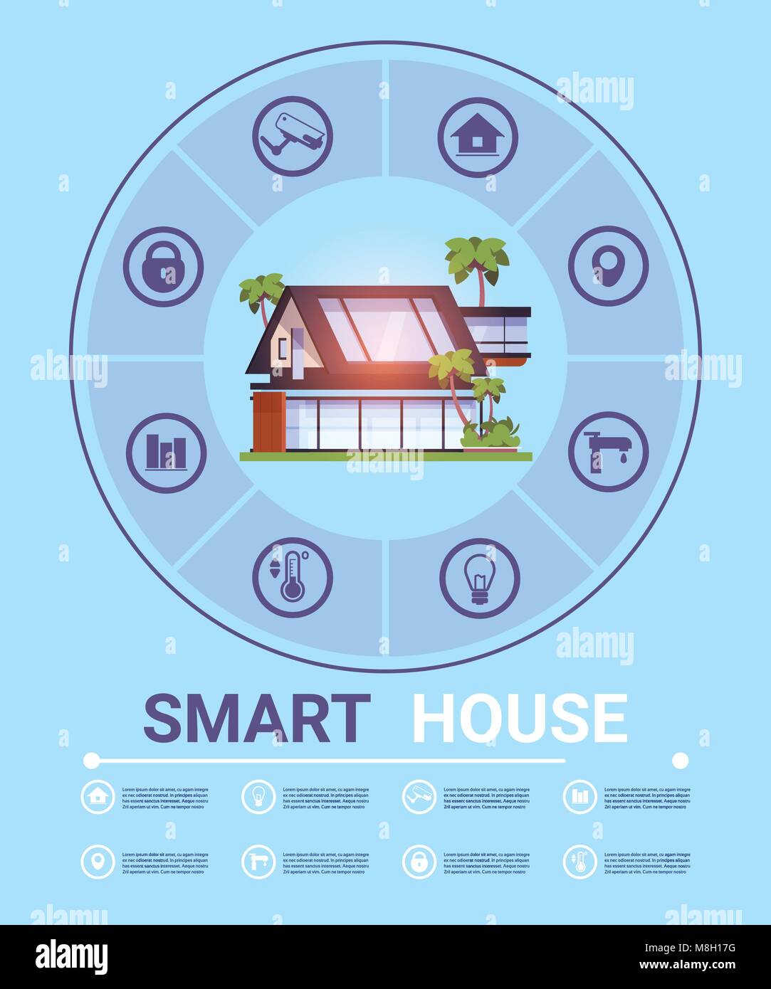 Smart Home Infografik Konzept, Technologie und Design. Moderne Home System der Kontrolle Stock Vektor