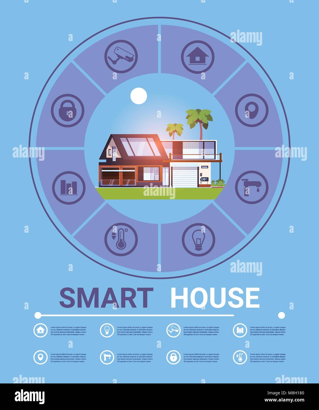 Infografik Banner moderne Smart Home Technologie System der Kontrolle der Sicherheit und Automation, Stock Vektor