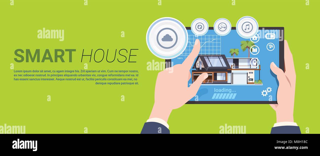 Smart Home Automation und Steuerungstechnik Konzept mit Hände halten Digitale Tablet über Hintergrund mit Kopie Raum Stock Vektor