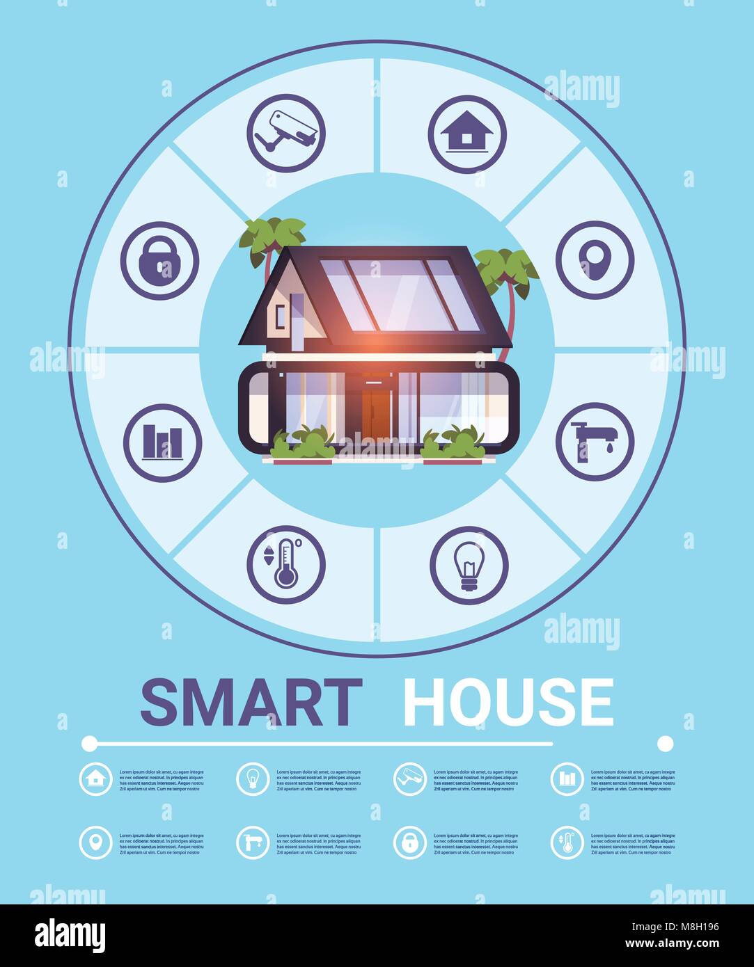 Moderne Smart Home Technologie System der Kontrolle der Sicherheit und Automation, Vorlage Infografik Symbole Stock Vektor