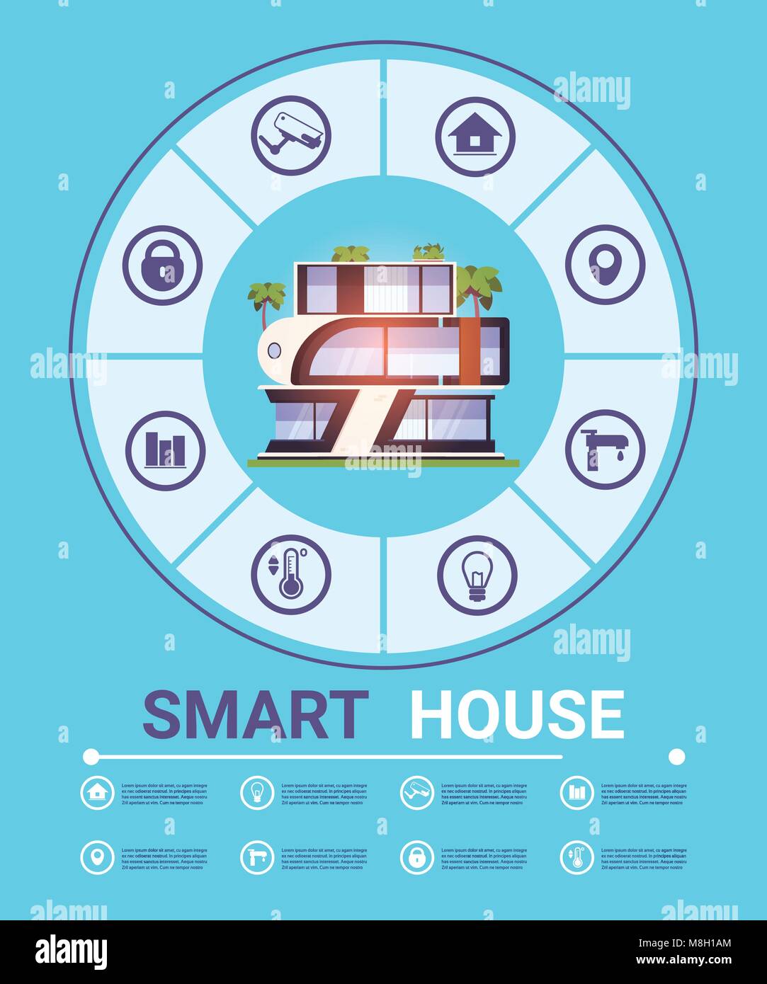 Vorlage Infografik moderne Smart Home Technologie Konzept, Home System der Kontrolle der Sicherheit und Automation, Stock Vektor