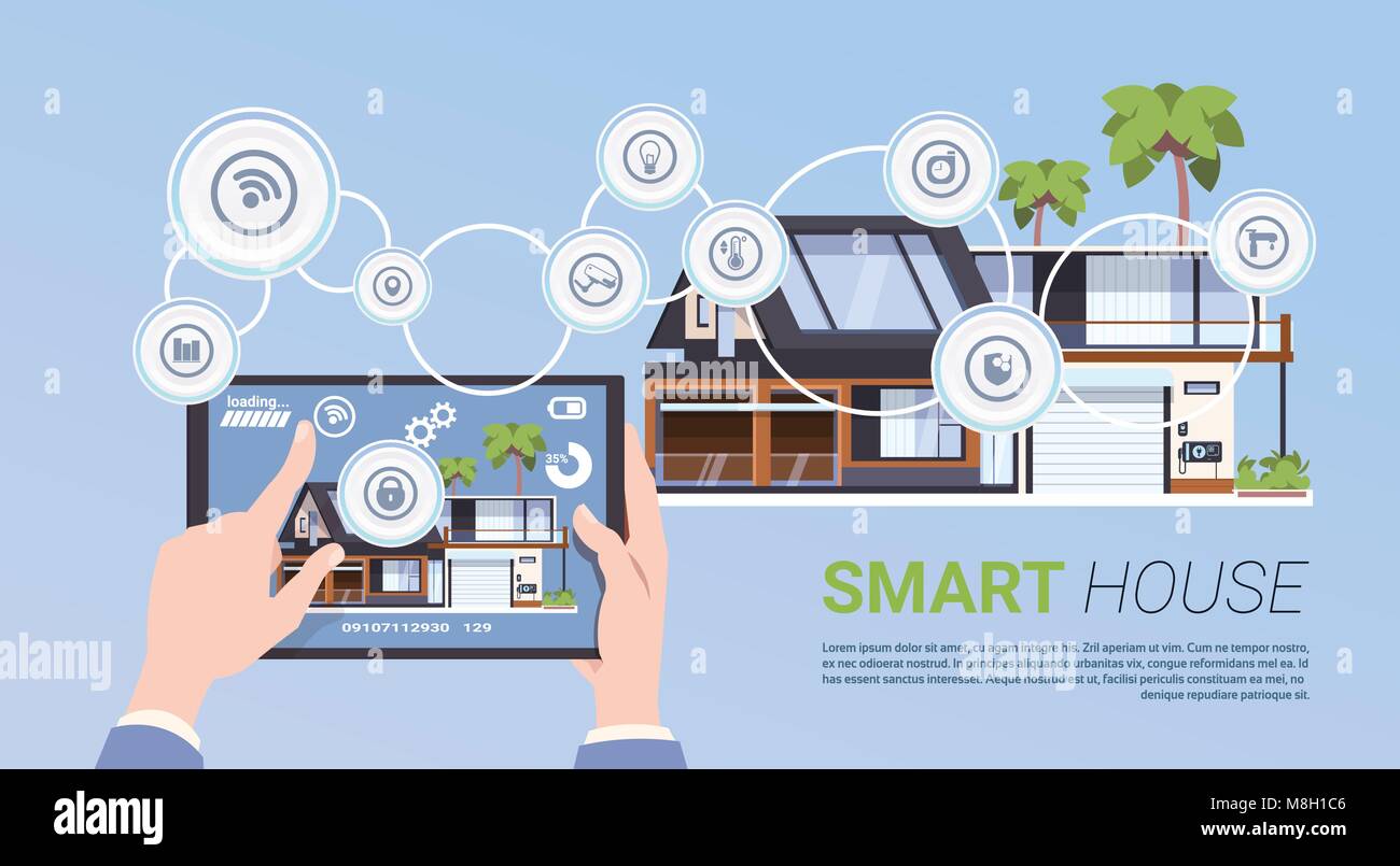 Smart Home Automation und Steuerungstechnik Konzept mit Hände halten Digitale Tablet Stock Vektor