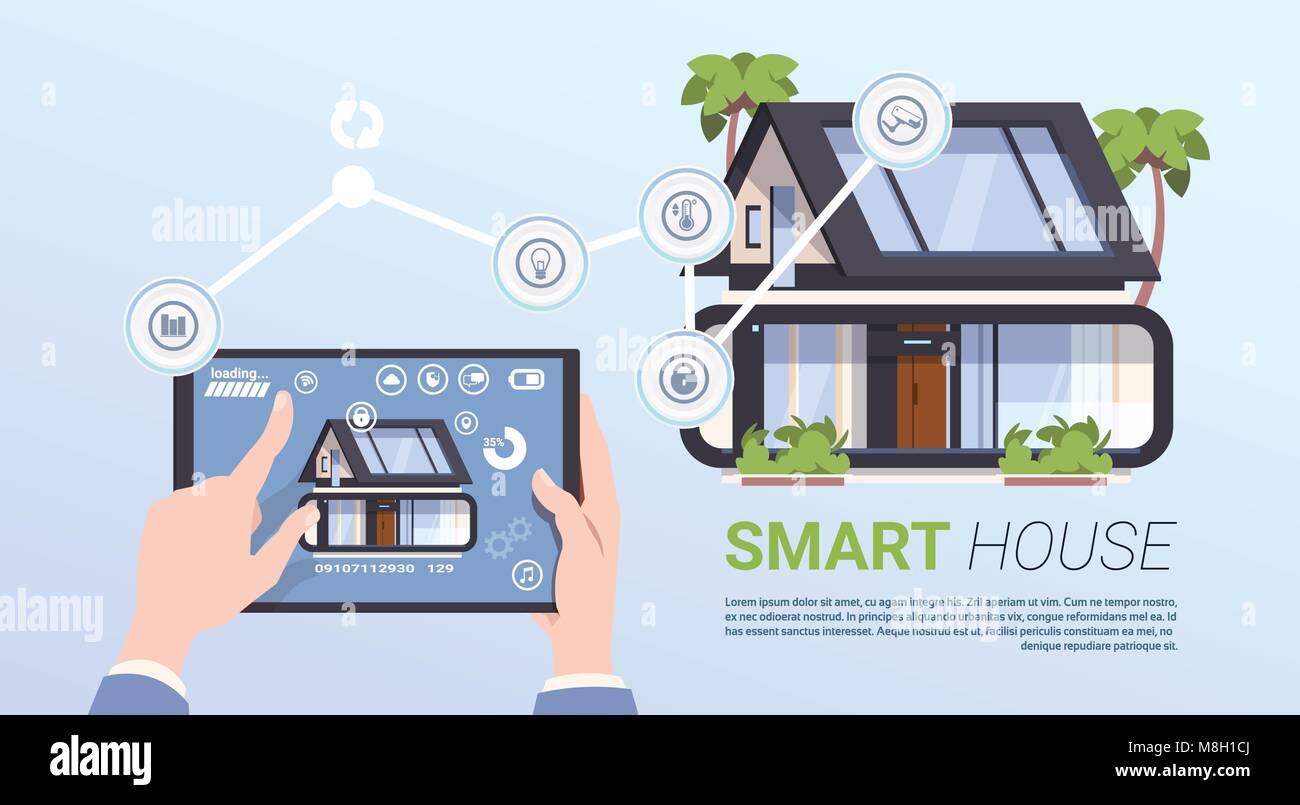 Smart Home Management Konzept mit Händen hält Tablet Device Stock Vektor