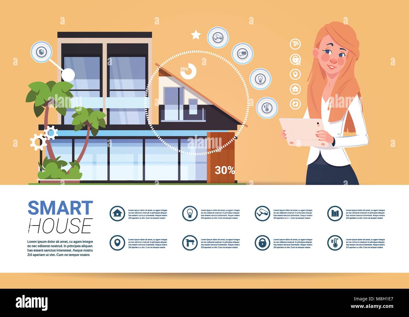 Smart Home Automation und Steuerungstechnik Konzept mit Frau mit digitalen Tablet Stock Vektor