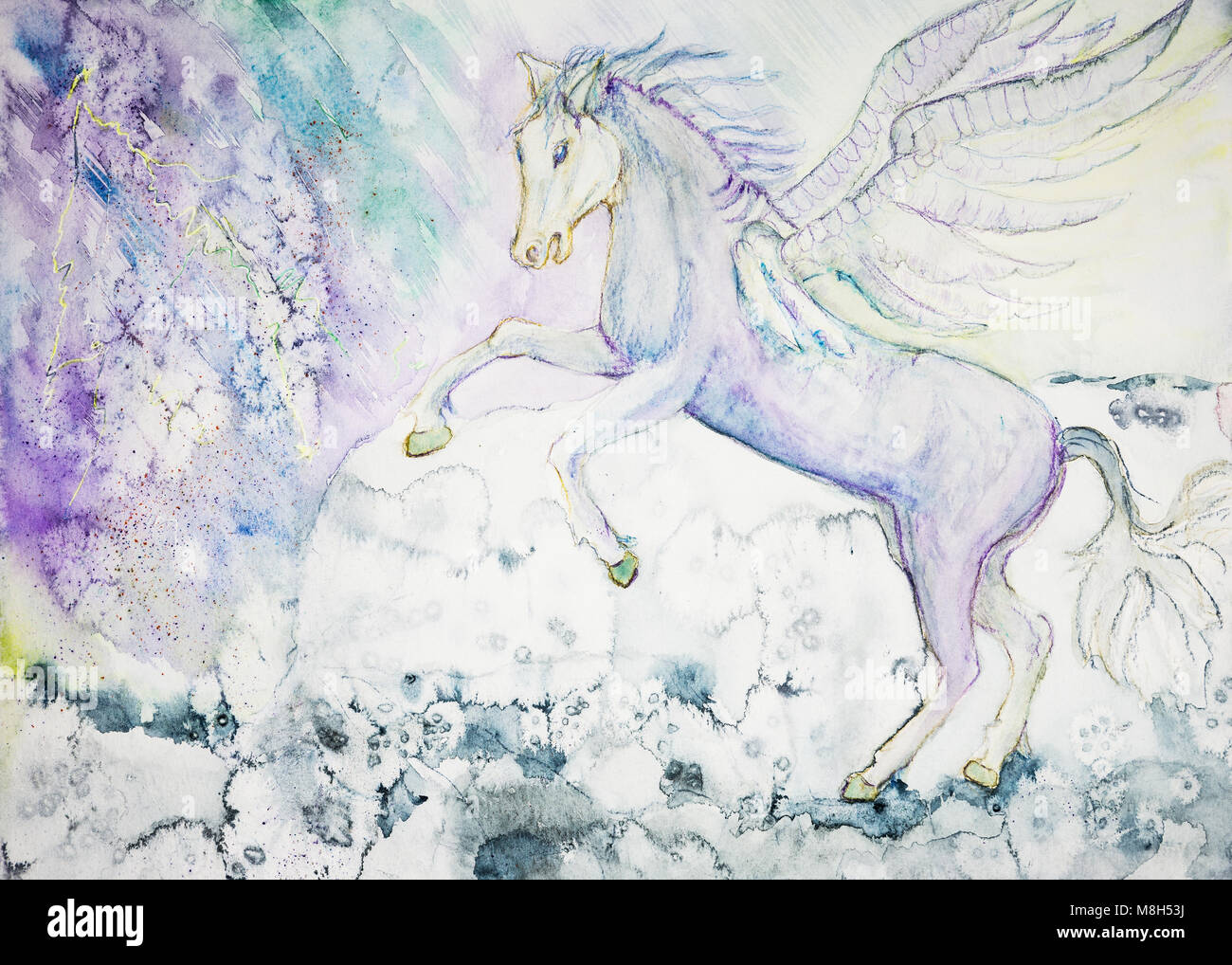 Weiß springende Pferd der Apokalypse mit Flügeln. Die Tupfen Technik in der Nähe der Kanten gibt einen Weichzeichner Effekt aufgrund der veränderten Oberflächenrauheit Stockfoto