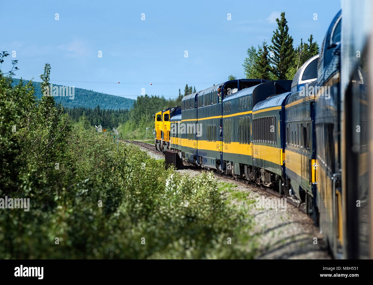 Touristischer Zug schlängelt sich durch die unberührte Landschaft, Alaska Alaska USA Stockfoto
