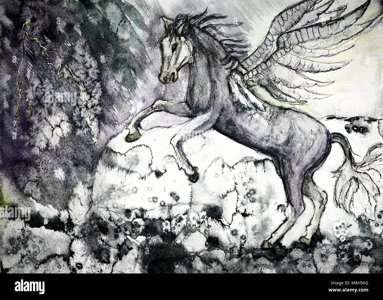 Farbige Zeichnung der weißen Pferd der Apokalypse. Die Tupfen Technik in der Nähe der Kanten gibt einen Weichzeichner Effekt aufgrund der veränderten Oberflächenrauheit Stockfoto