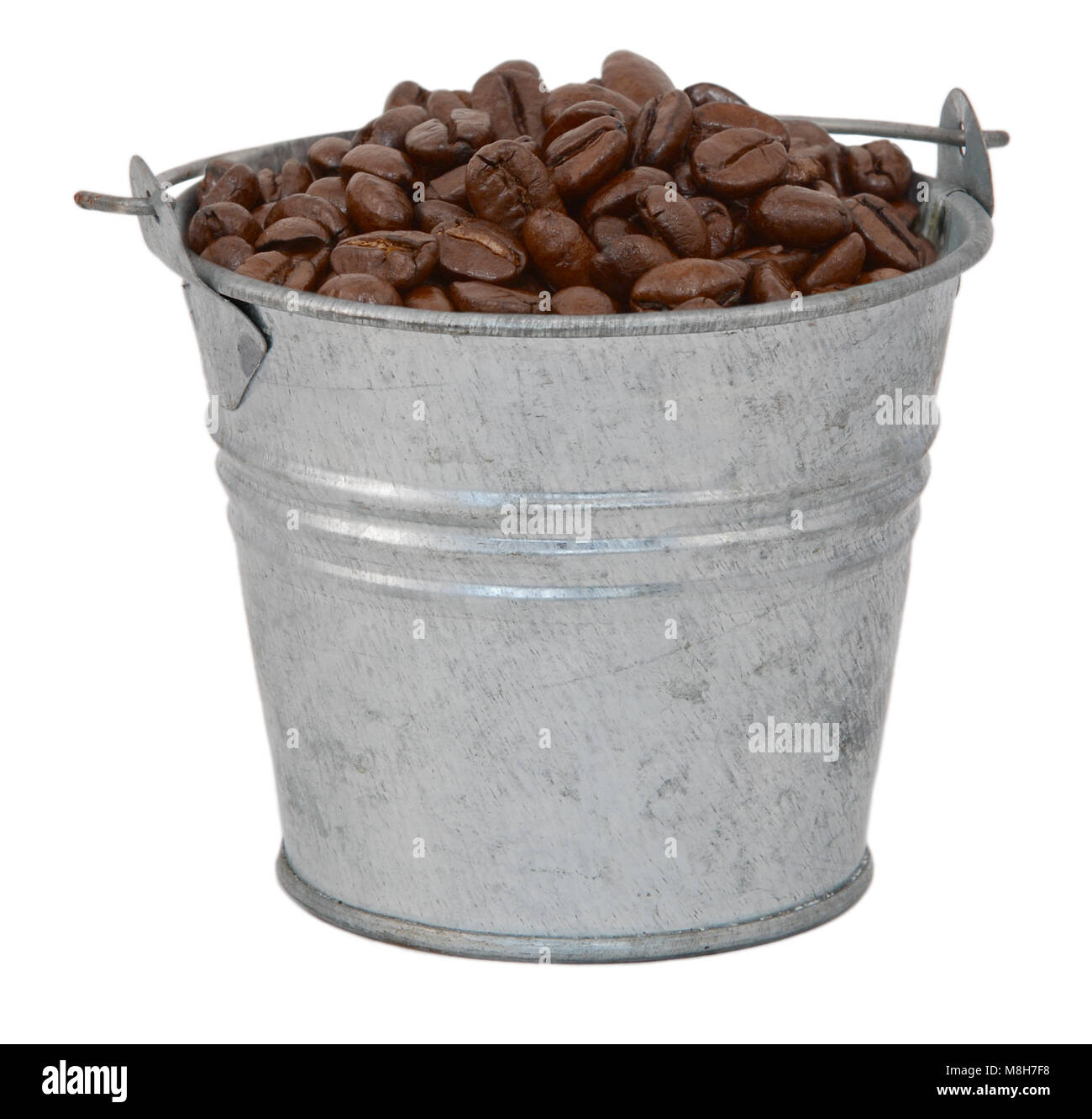 Dunkel geröstete Kaffeebohnen in einem Miniatur Metall Eimer, auf weißem Hintergrund Stockfoto