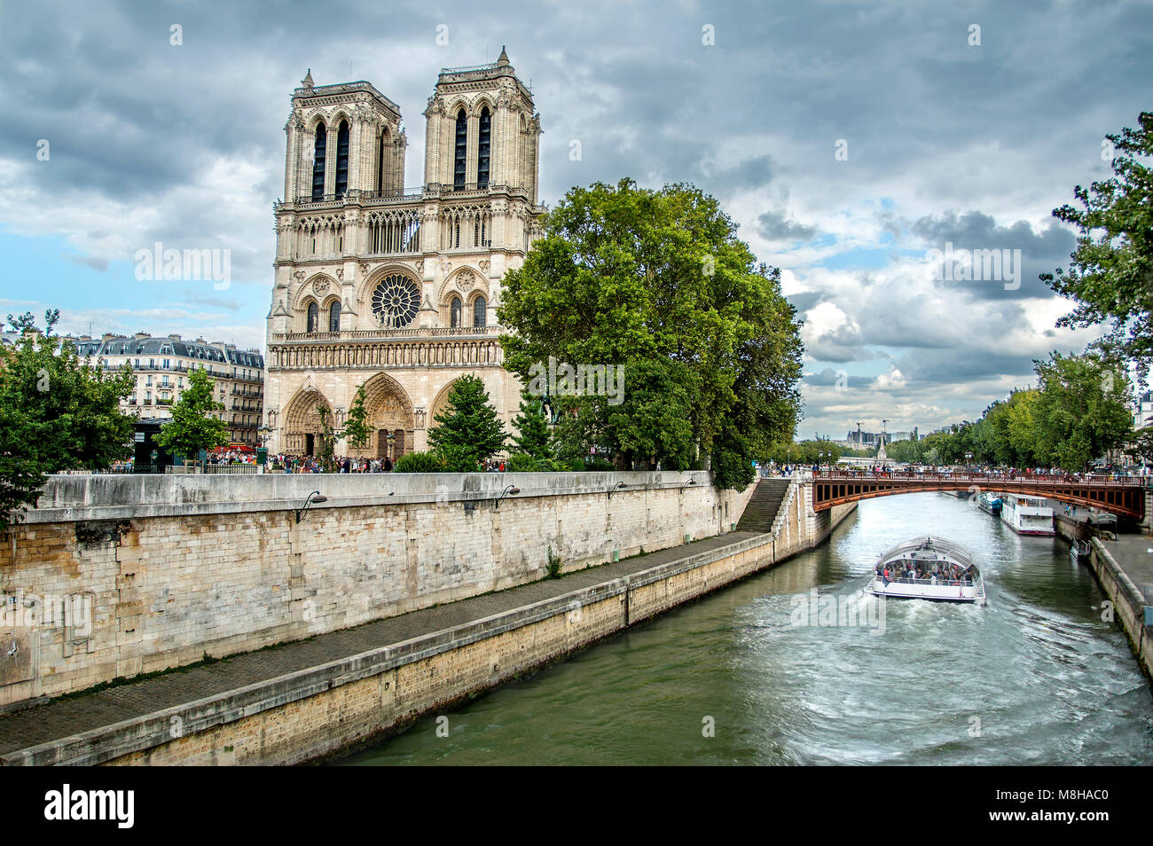 Blick auf Kathedrale Notre-Dame auf Stadt Sena River Bank mit bewölktem Himmel und grüne Bäume unter Stockfoto