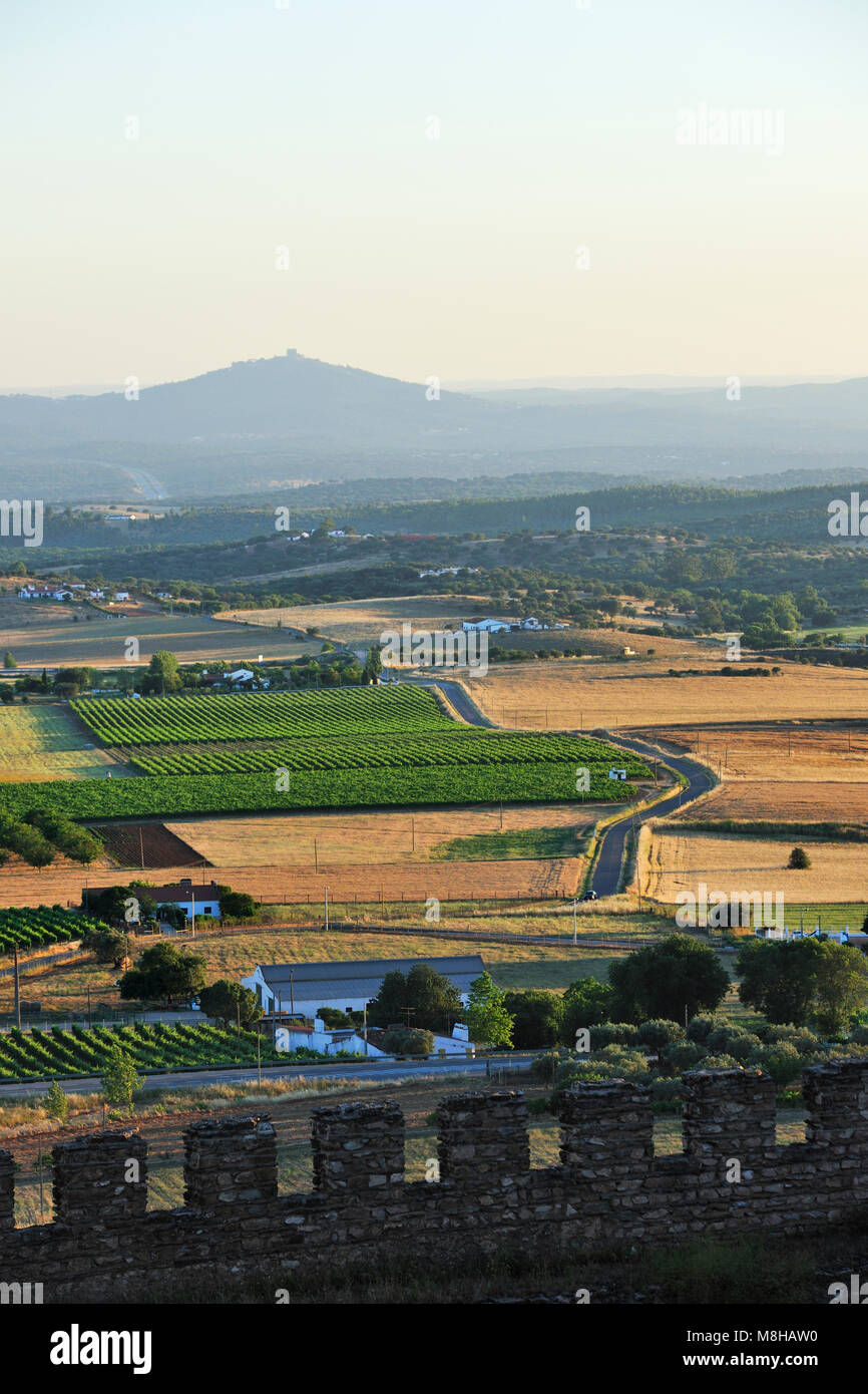 Die weiten Ebenen des Alentejo, die von Mauern umgebene Stadt Estremoz gesehen. Portugal Stockfoto