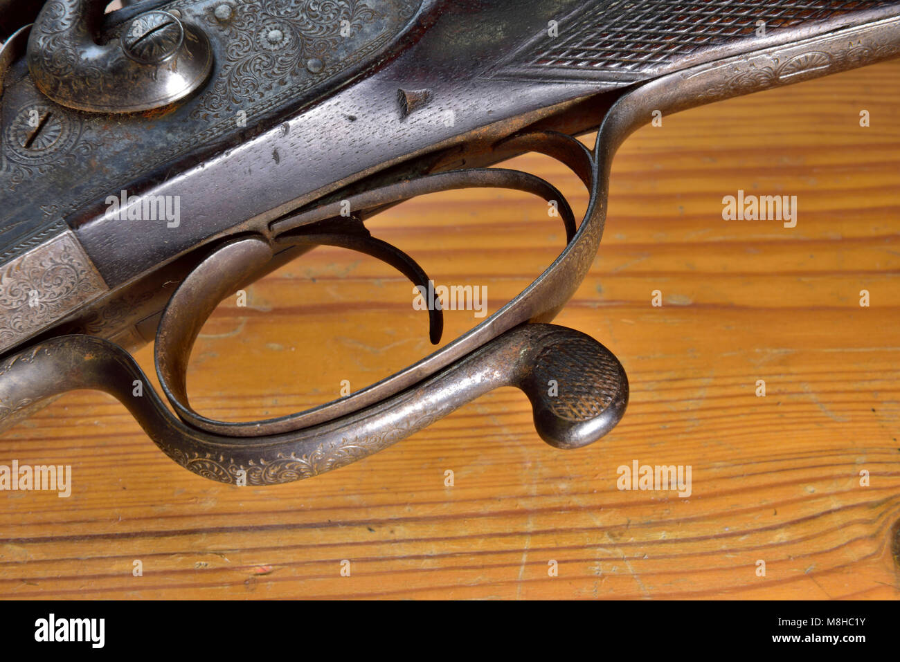 Double Trigger Aktion auf alten Schrotflinte Nahaufnahme Stockfoto