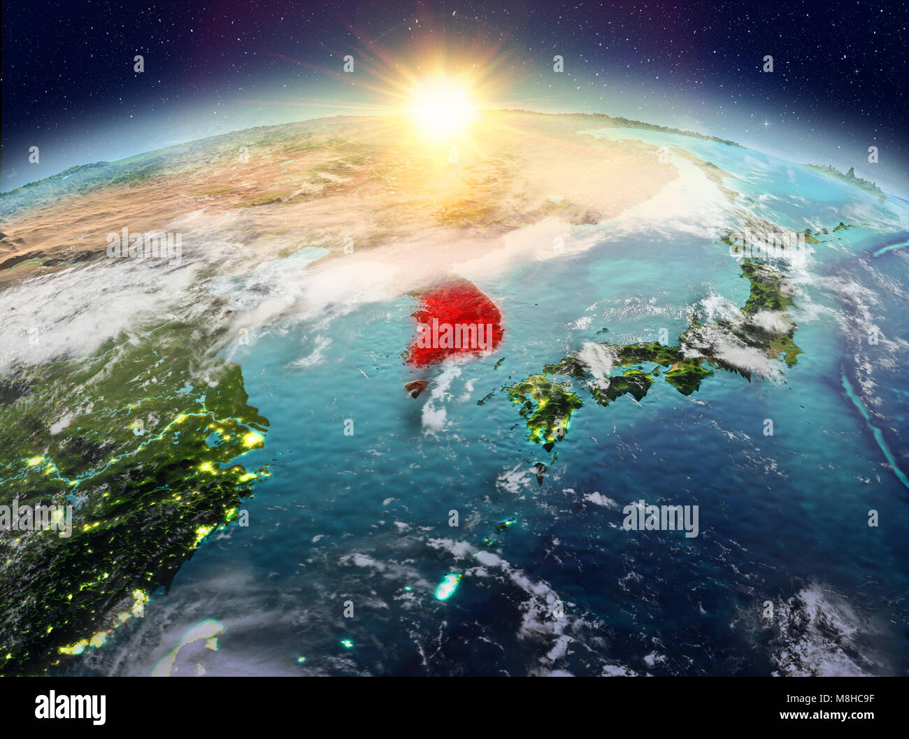 Satellitenansicht von Südkorea in Rot hervorgehoben auf dem Planeten Erde mit Wolken bei Sonnenaufgang. 3D-Darstellung. Elemente dieses Bild von der NASA eingerichtet Stockfoto