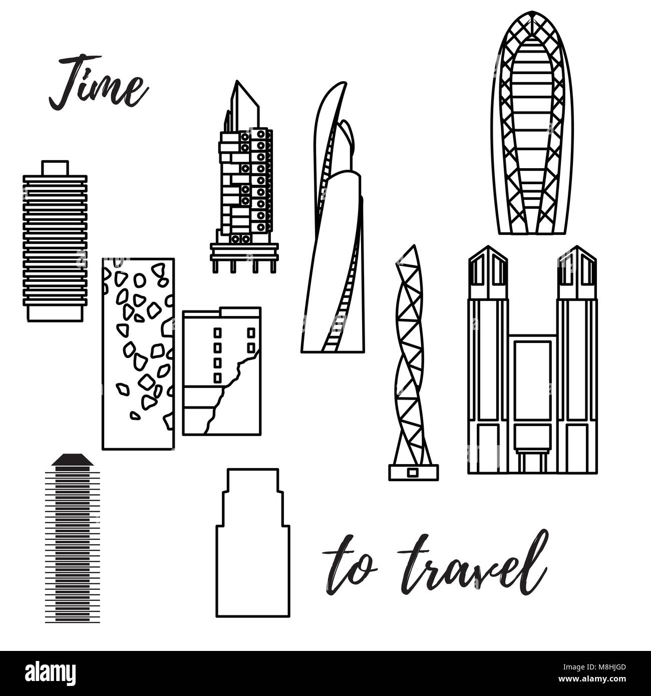 Ungewöhnliche Japanische Architektur. Berühmte Gebäude und Wolkenkratzer. Reisen und Freizeit. Stock Vektor