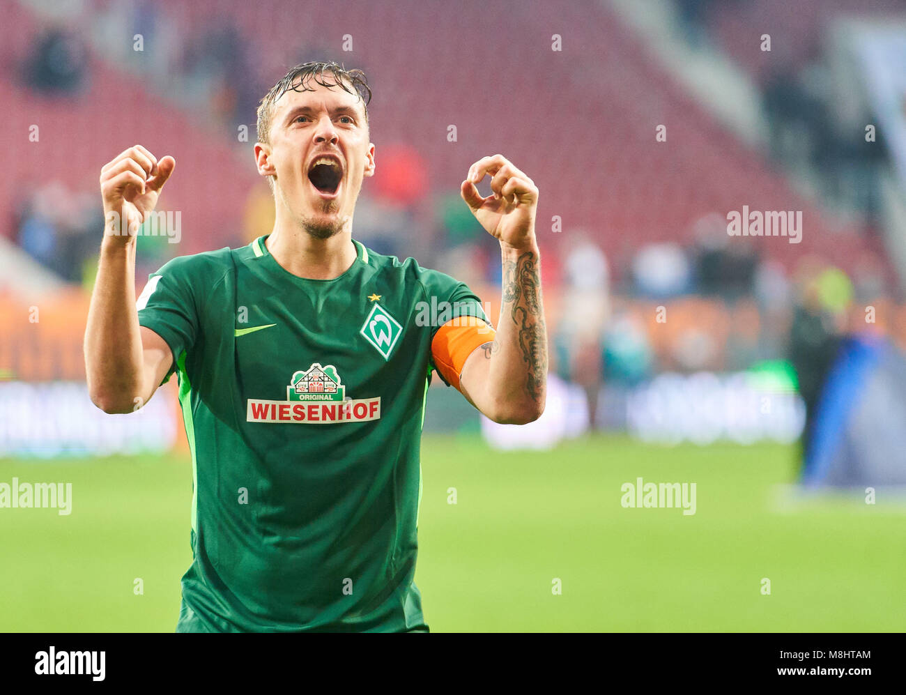 FC Augsburg Fußball, Augsburg, März 17, 2018 Max Kruse, BRE 10 feiert Jubel, Freude, Emotionen, feiern, lachen, Jubeln, Jubeln, reißt die Arme, ballte die Faust, FC Augsburg - SV WERDER BREMEN 1-3 1. Deutschen Fußball-Bundesliga, Spieltag 27, Augsburg, März 17, 2018, Saison 2017/2018 © Peter Schatz/Alamy leben Nachrichten Stockfoto
