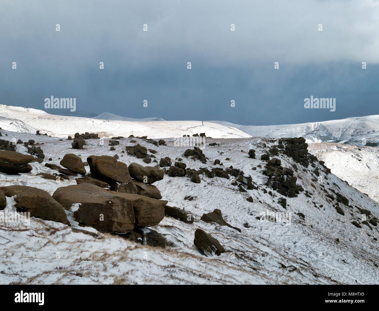 Derbyshire, Großbritannien. 17. März 2018 Mann zu Fuß in das Tier aus dem Osten 2 Schnee & Eis Bedingungen mit einem Border Collie Hund um Kinder Scout & Morley in der Nationalpark Peak District, Derbyshire, England, UK Credit: Doug Blane/Alamy leben Nachrichten Stockfoto