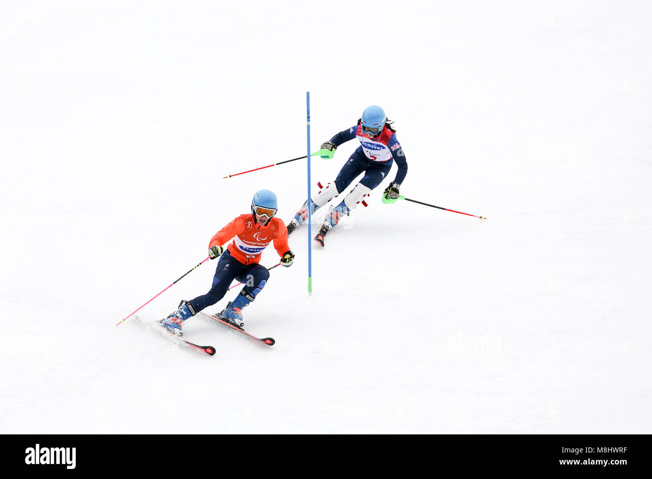 PyeongChang 18. März. Damen Slalom laufen 1. Mannschaft GB-FITZPATRICK Menna, Guide: KEHOE Jennifer Credit: Marco Ciccolella/Alamy leben Nachrichten Stockfoto