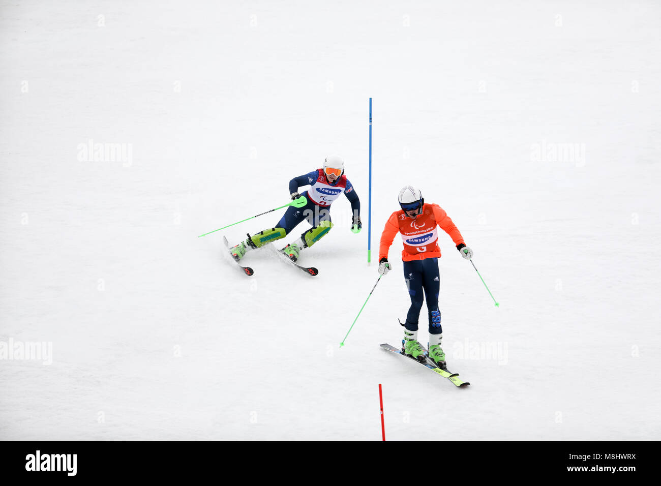 PyeongChang 18. März. Damen Slalom laufen 1. Mannschaft GB-gallagher Kelly, Guide: SMITH Gary Credit: Marco Ciccolella/Alamy leben Nachrichten Stockfoto