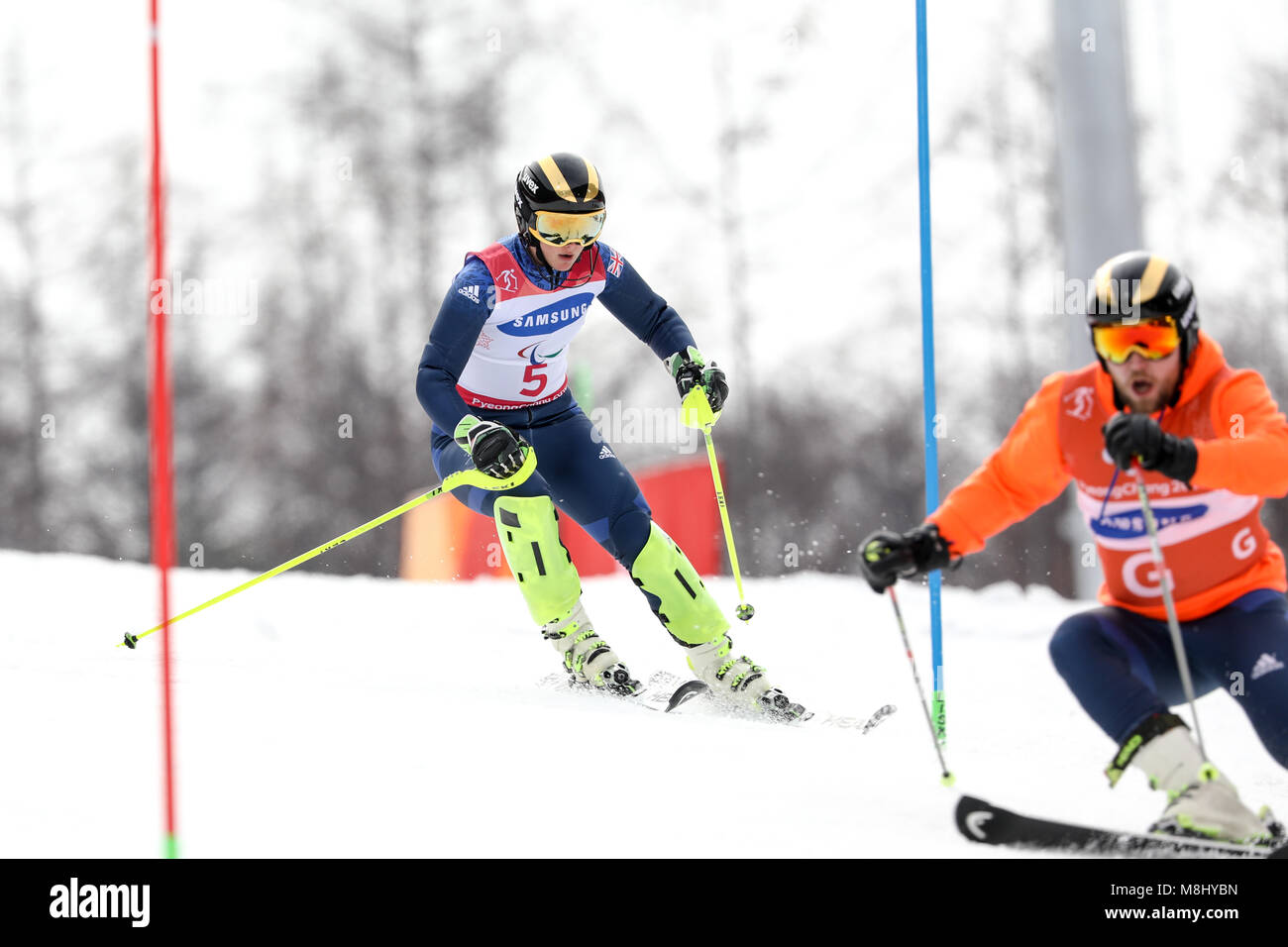 PyeongChang 18. März. Slalom der Frauen. Mannschaft GB - Ritter Millie, Guide: wilde Brett Credit: Marco Ciccolella/Alamy leben Nachrichten Stockfoto