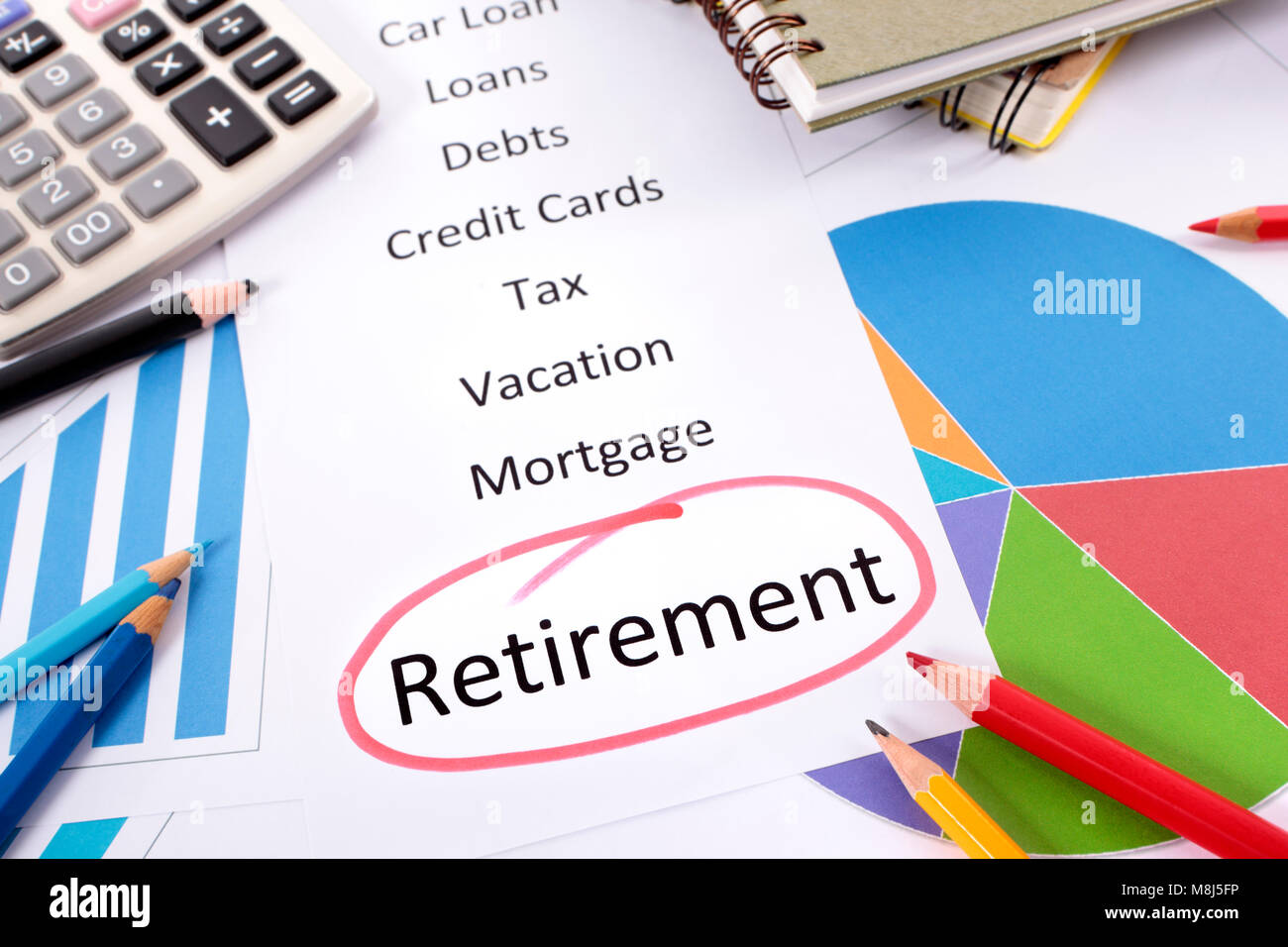 Das Wort Ruhestand in Rot mit einer Liste von Sparen und Schuldtiteln von Grafiken, Diagramme, Bücher und Stifte umgeben eingekreist. Stockfoto