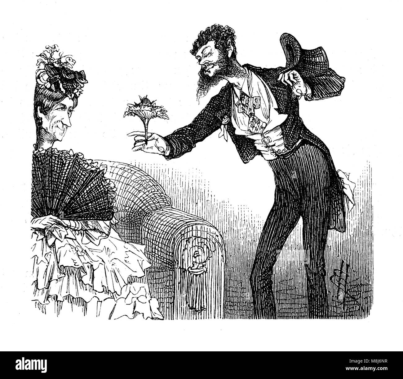 Vintage Karikaturen und Spaß: weird Gentleman umwerben eine alte Jungfer mit einem Blumenstrauß Stockfoto