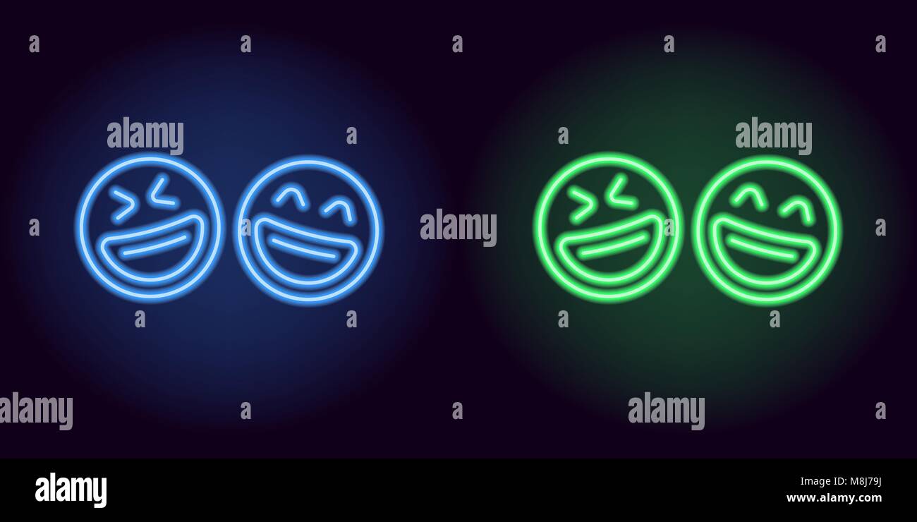 Blau und grün Neon emoji Lachen, Narr Tag. Vektor Silhouette von Neon paar Emoji mit Smile bestehend aus skizziert, mit Hintergrundbeleuchtung auf der dunklen Hinterg Stock Vektor