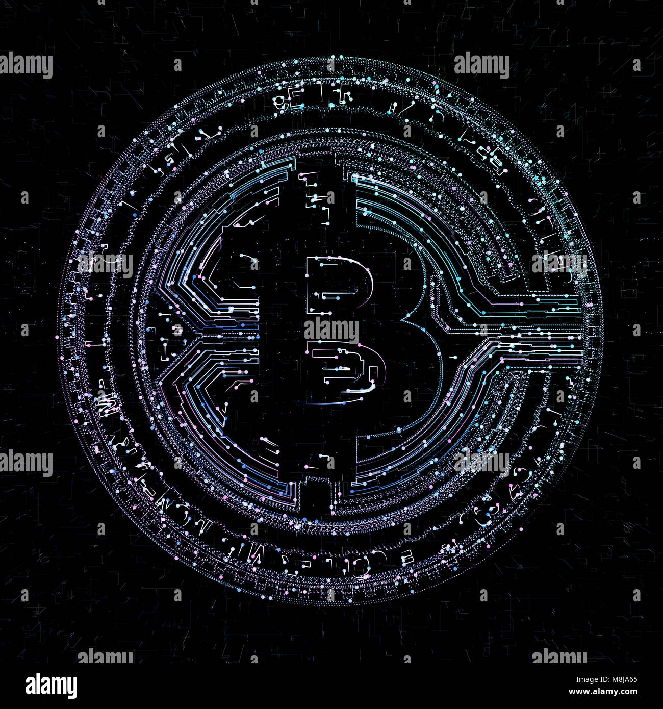 Bitcoin digitale Währung und Weltkugel Hologramm, futuristische digitale Geld und Technologie weltweit netzwerk konzept Stockfoto