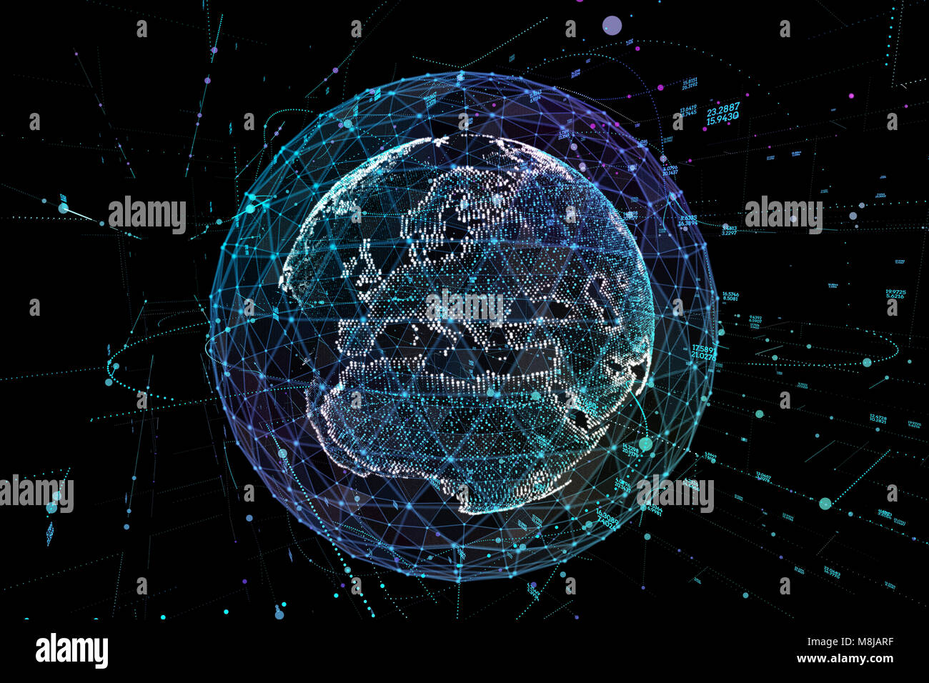Kommunikation im digitalen Netz. Earth Globus. 3D-Darstellung. Stockfoto