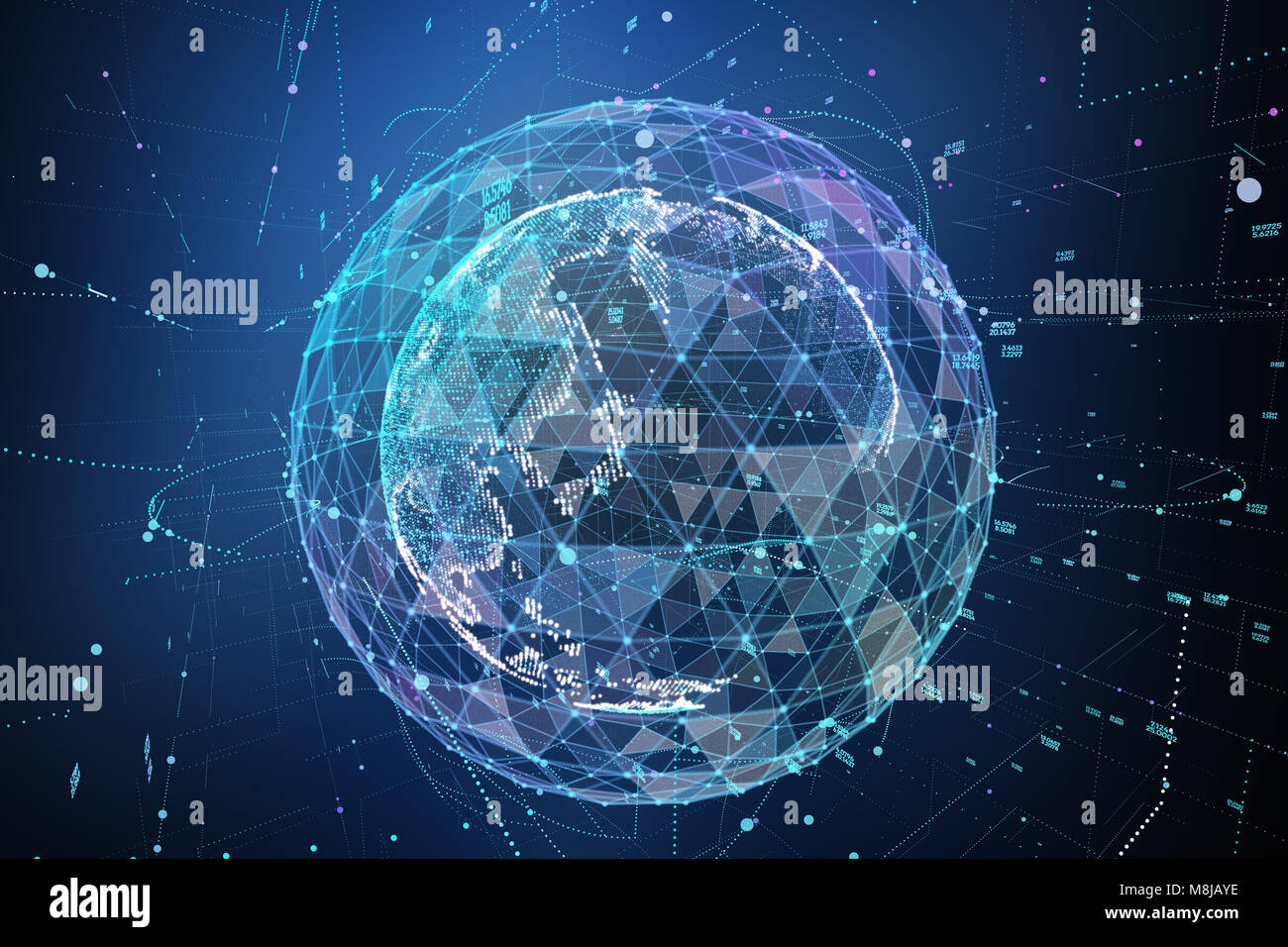 Punkt, Linie, Fläche aus kreisförmigen Grafiken, globales Netzwerk Verbindung, internationale Bedeutung. 3D-Darstellung. Stockfoto