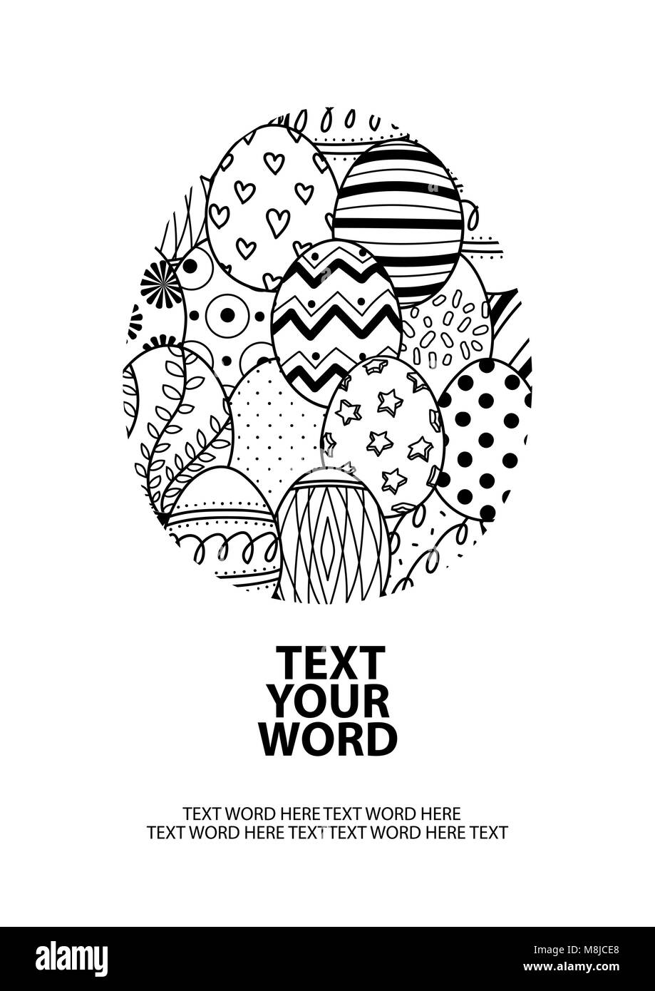 Cute Ostereier in schwarzer Umriss sammeln in den grossen Ei mit Platz für Text auf weißem Hintergrund. Plakat oder Card Design für Ostern Festival im Vektor i Stock Vektor