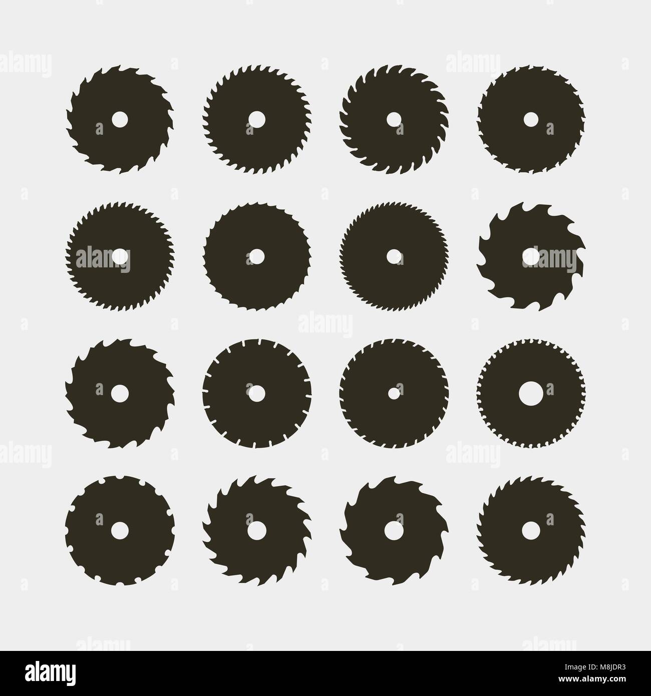 Satz von verschiedenen schwarzen Silhouetten von Kreissägeblättern. Vector Illustration Stock Vektor