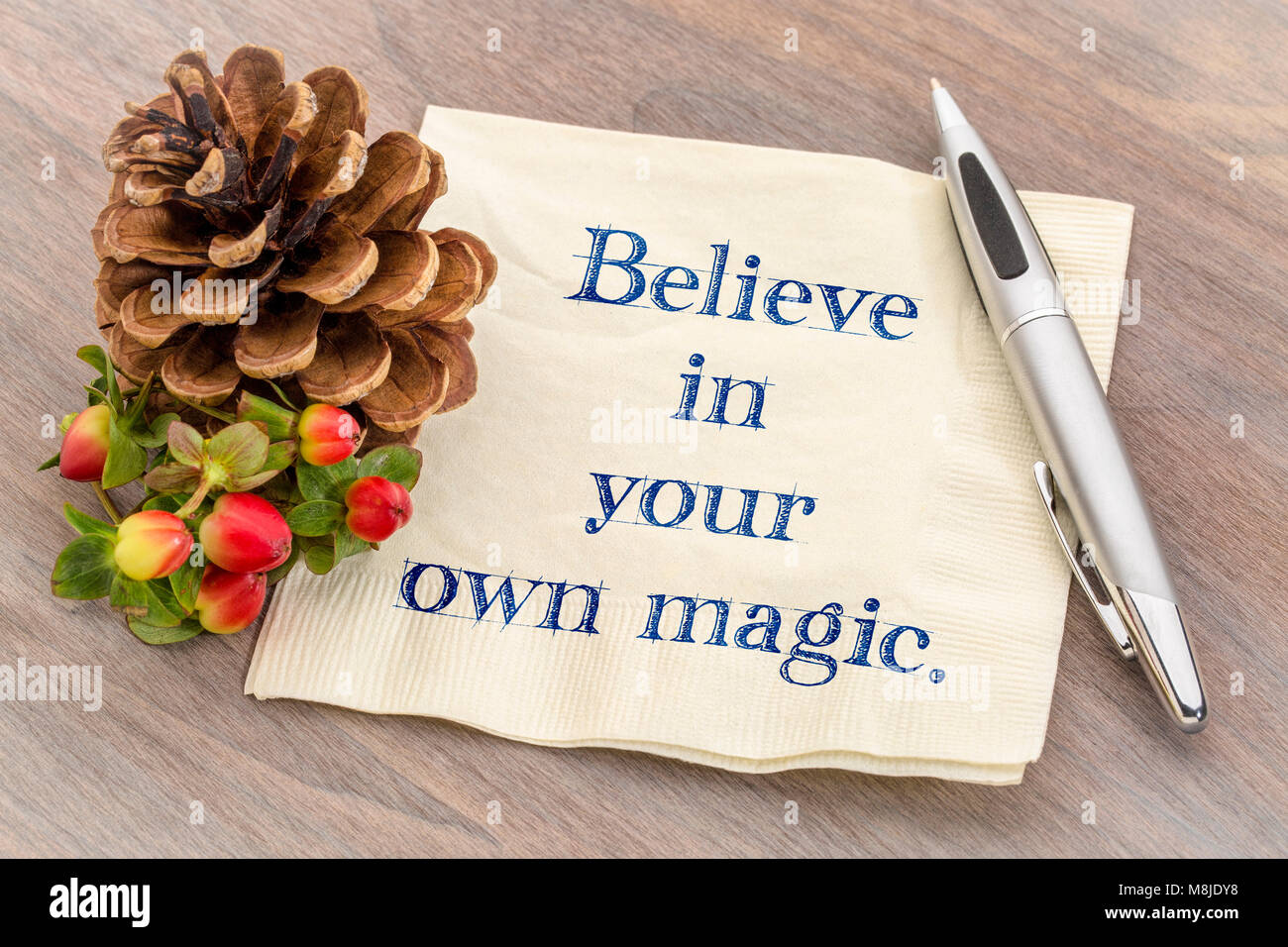 Glaube an Deine Magie - Handschrift auf Serviette mit einem Pine Cone Stockfoto