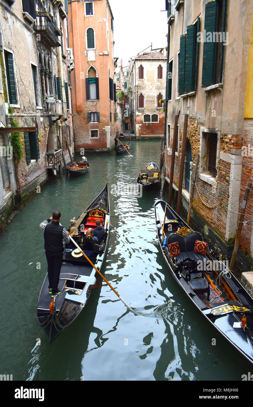 Gondeln und Gondolieri auf dem Canal Grande, Venedig, Italien Stockfoto