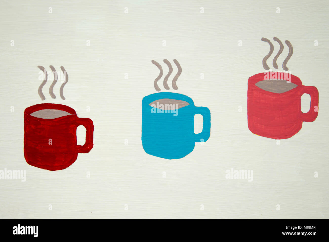 Hand gemalte Kaffeetassen auf weißem Holz Hintergrund Stockfoto
