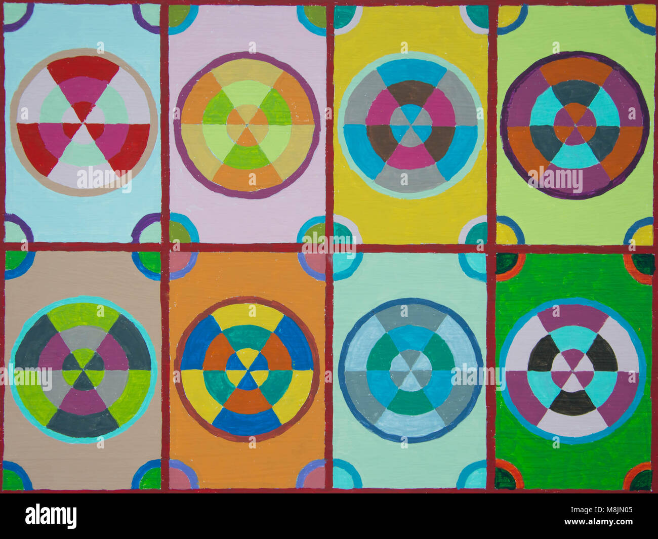 Hand gemalte bunte Mandala Muster in Raster Stockfoto