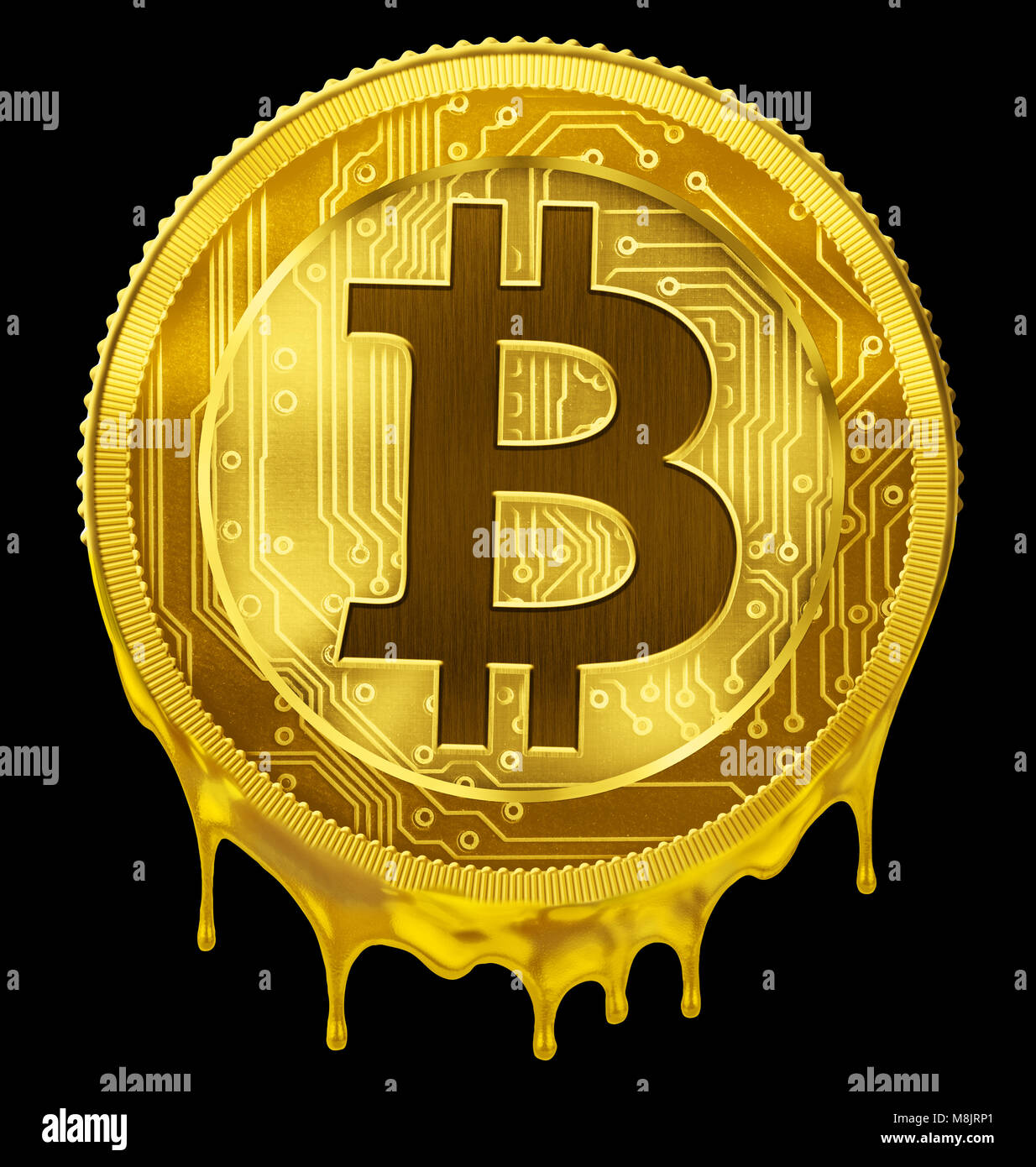 Geschmolzene Bitcoin oder BTC Ausfall Konzept 3D-Bild Stockfoto